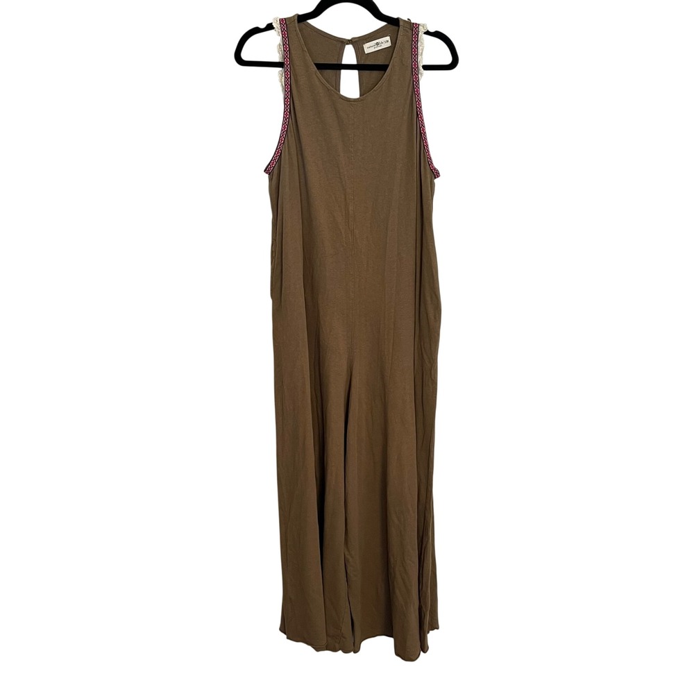 Natural Life Olive Brown Linen Blend Wide Leg Sleeveless Jumpsuit Pockets S/M